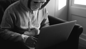 hacker sitting in chair using a laptop